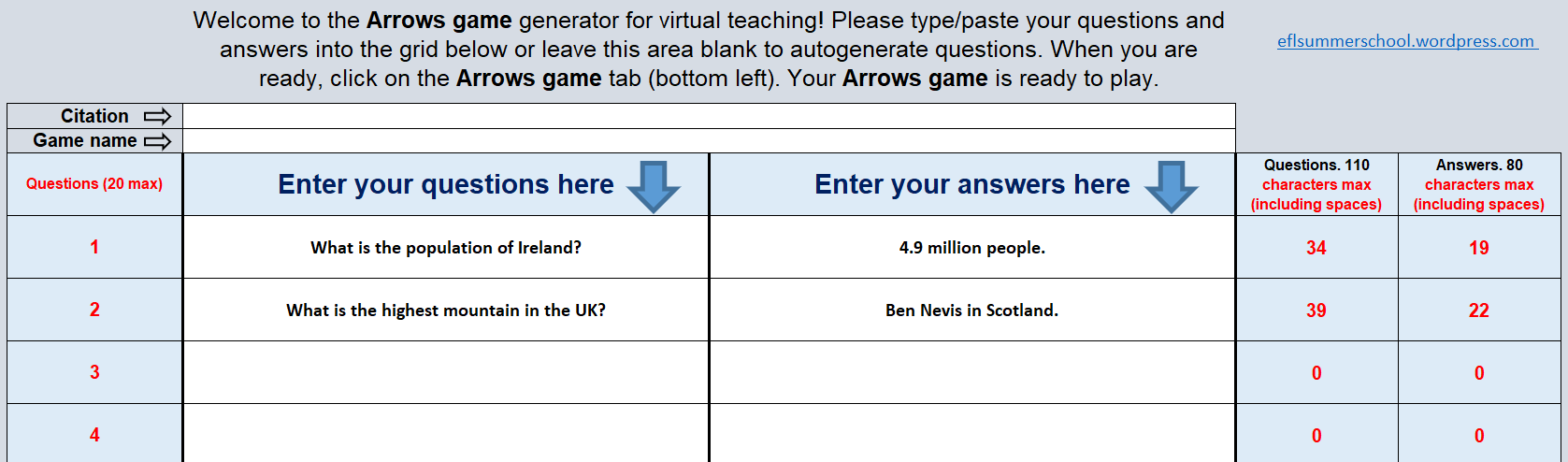 Arrows game data with questions and answers