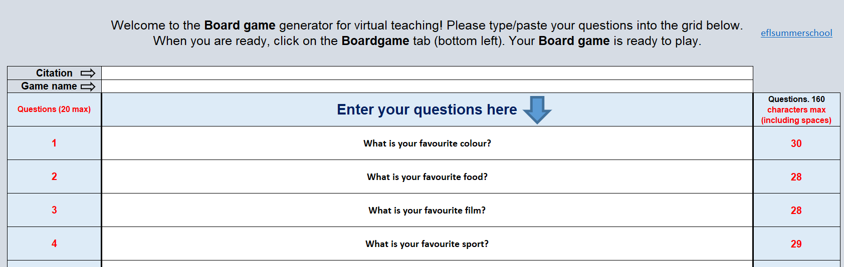 Boardgame generator. Data page examples