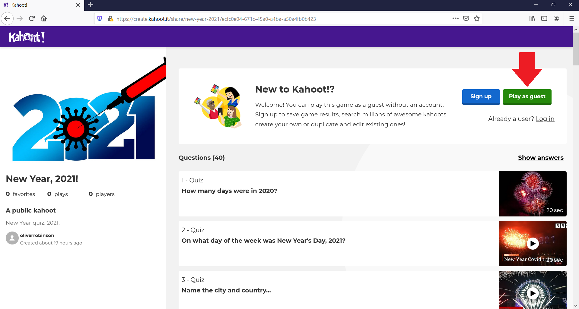 Kahoot quiz front page