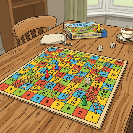 Snakes and Ladders board game with four colored pawns and dice on wooden table