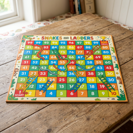 Snakes and Ladders board with numbers, ladders, and snakes