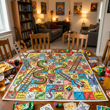 Four young adults playing a vibrant snakes and ladders board game at a wooden table