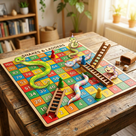 Snakes and Ladders board game with colorful snakes, ladders, and player pawns on a wooden table