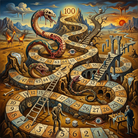 Surreal board game path winding through desert with snakes, ladders, and mysterious characters.