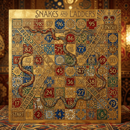 Decorative snakes and ladders board game with numbered squares, snakes, and ladders