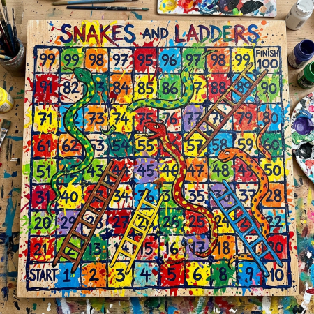 Hand-painted snakes and ladders board with colorful numbered squares, snakes, and ladders
